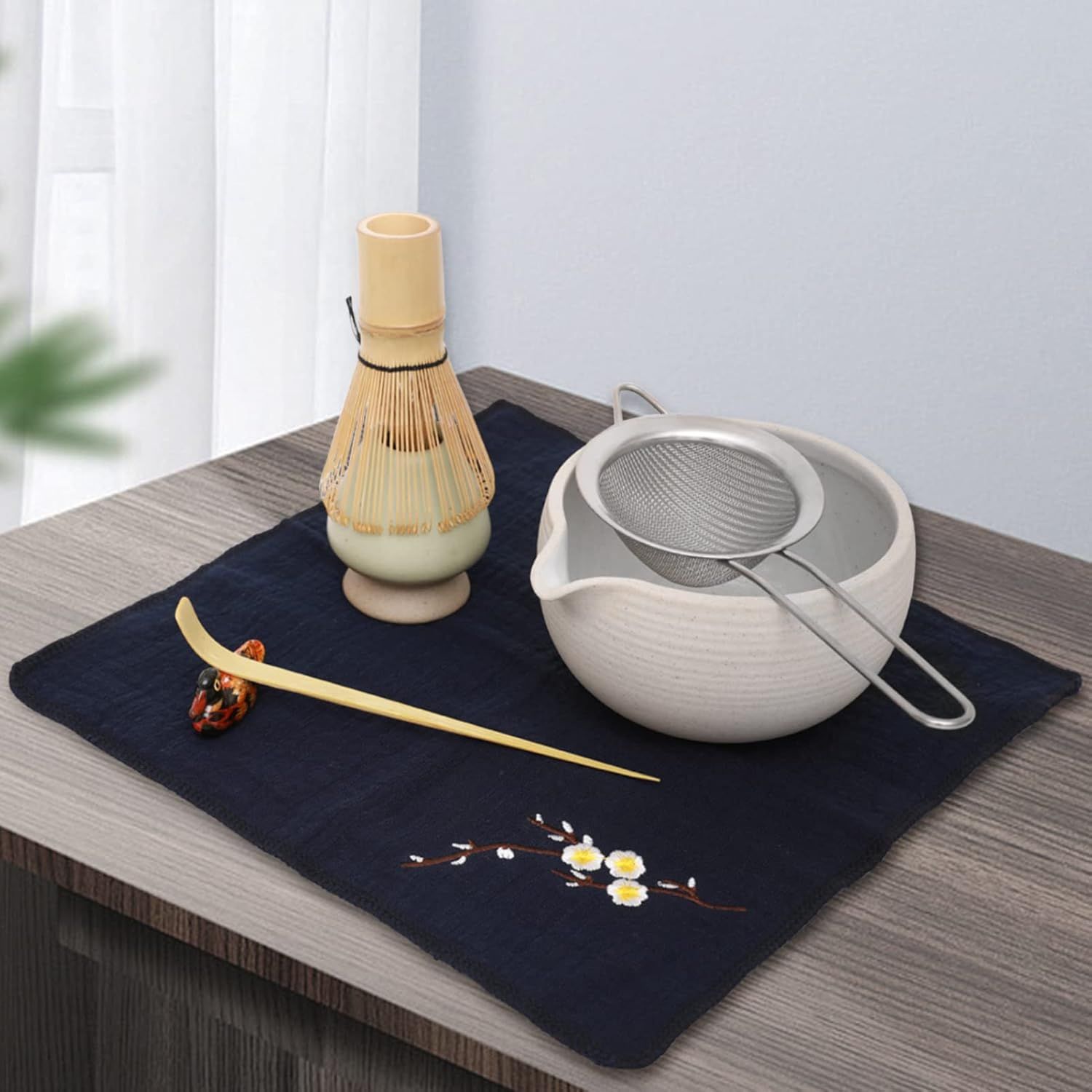 Artcome Service à Thé Japonais - Kit de Cérémonie Matcha Fait à la Main avec Bol, Fouet, Cuillère, Porte-Fouet en Céramique et Boîte à Poudre