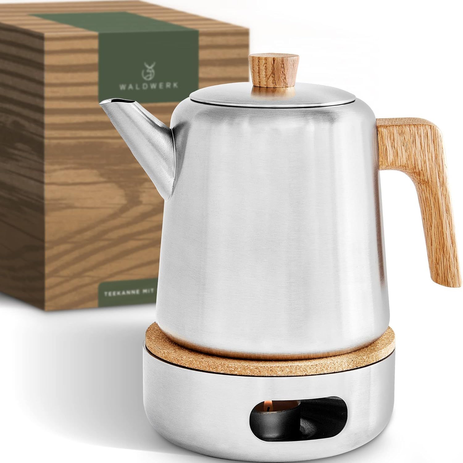 WALDWERK Théière avec Infuseur (1,1L) en Acier Inoxydable 304 - Poignées en Bois de Chêne, Sans Goutte, Filtre Amovible et Réchaud