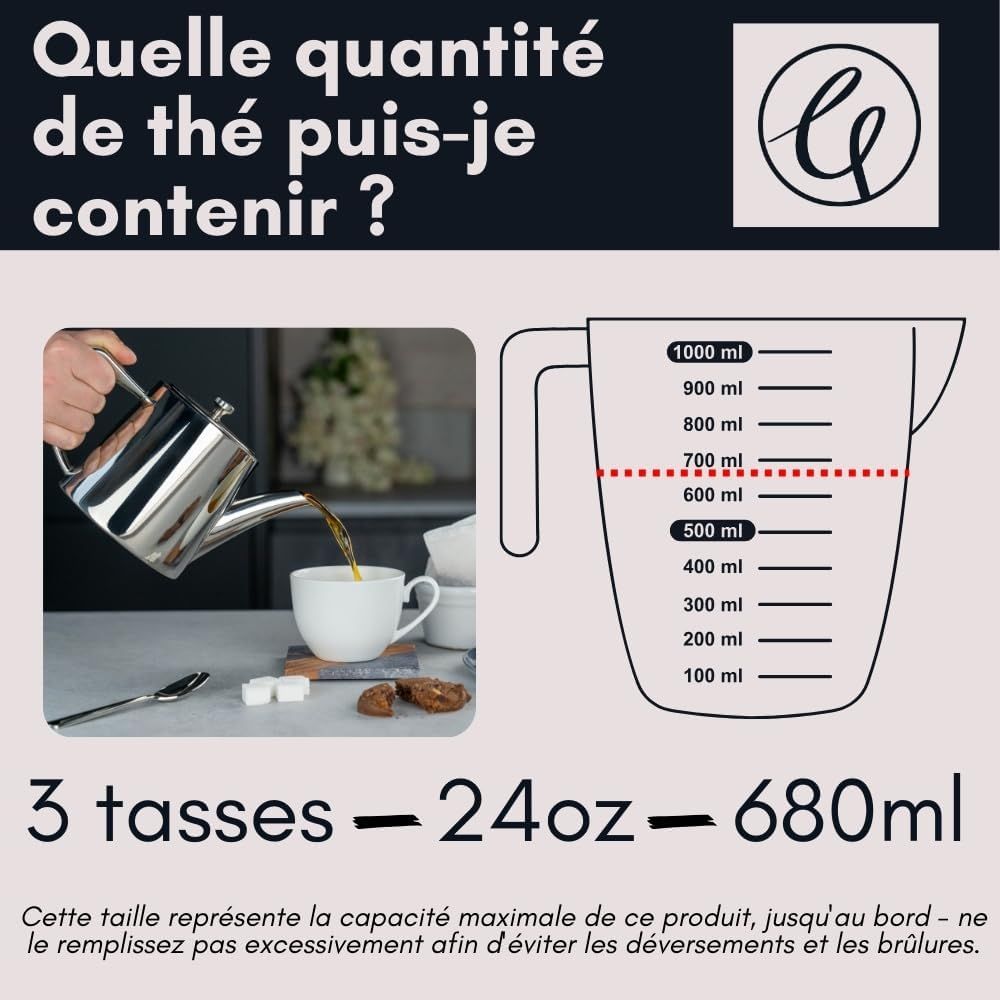 Café Olé Derwent Théière 680 ml, pour 3 personnes, en acier inoxydable, design moderne avec finition miroir, bec verseur parfait
