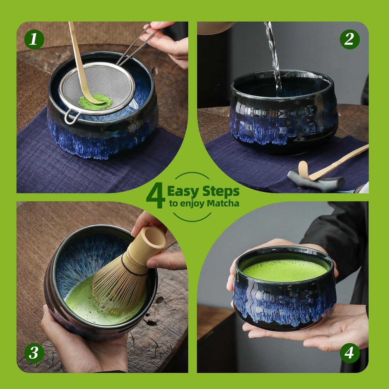TEANAGOO Service à thé matcha, service à thé japonais, bol à matcha, fouet en bambou matcha, cuillère, tamis, support de fouet à matcha, support de fouet à matcha N15, matcha