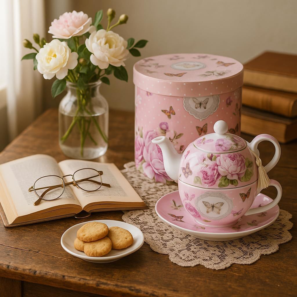 London Boutique Ensemble théière, tasse et soucoupe vintage en porcelaine pour 1 personne, motif floral avec rose et papillons, boîte-cadeau incluse